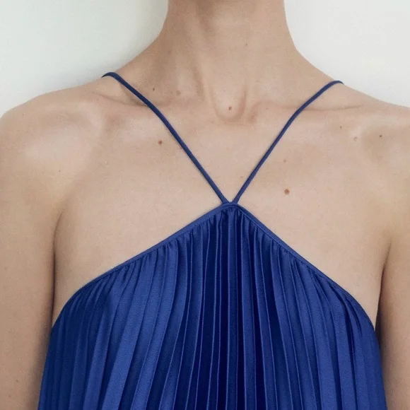 021 Mango Elegant Blue Pleated Halter Neck Halter Dress, Size 6 NWOT - Picture 6 of 11